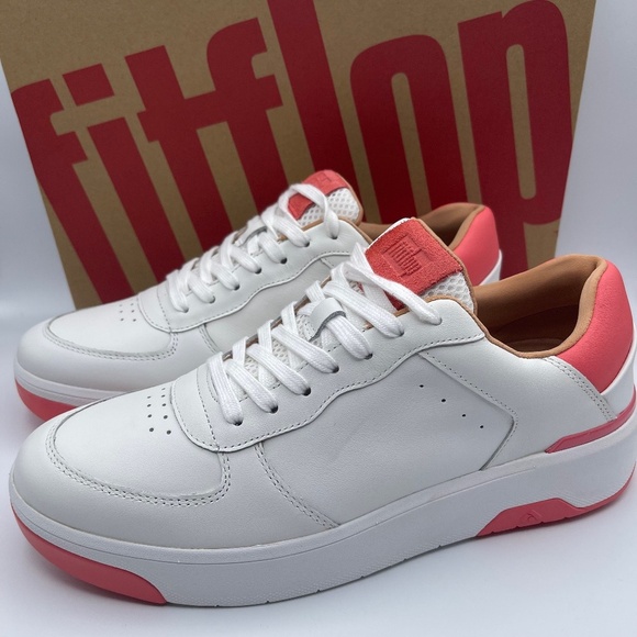 NIB FitFlop Rally Eco Leather White and Rosy Coral Womens Sneakers Size 9 - Picture 1 of 14